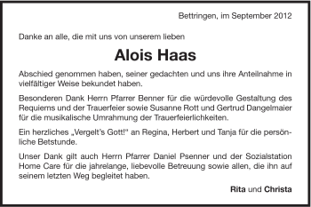 Traueranzeige von Alois Haas von Gmünder Tagespost