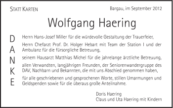 Traueranzeige von Wolfgang Haering von Gmünder Tagespost