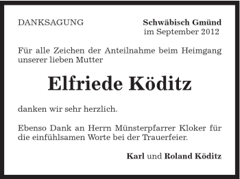 Traueranzeige von Elfriede Köditz von Gmünder Tagespost