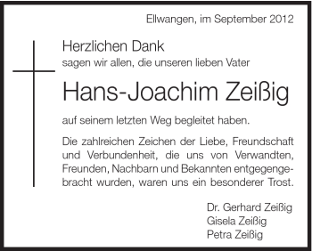 Traueranzeige von Hans-Joachim Zeißig von Schwäbische Post