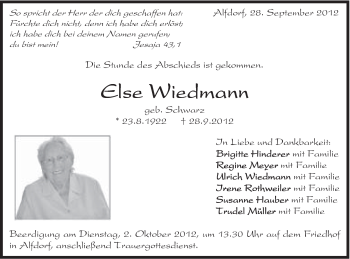 Traueranzeige von Else Wiedmann von Gmünder Tagespost