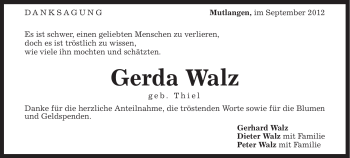 Traueranzeige von Gerda Walz von Gmünder Tagespost