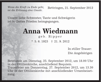 Traueranzeige von Anna Wiedmann von Gmünder Tagespost