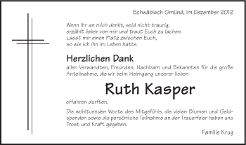 Traueranzeige von Ruth Kasper von Gmünder Tagespost