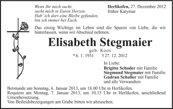 Traueranzeige von Elisabeth Stegmaier von Gmünder Tagespost
