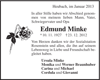 Traueranzeige von Edmund Minke von Gmünder Tagespost