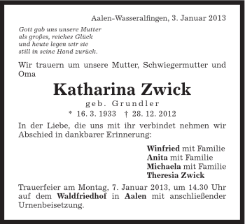 Traueranzeige von Katharina Zwick von Schwäbische Post