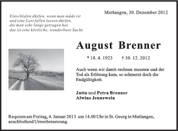 Traueranzeige von August Brenner von Gmünder Tagespost