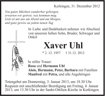 Traueranzeige von Xaver Uhl von Schwäbische Post