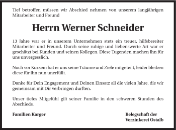 Traueranzeige von Werner Schneider von Schwäbische Post
