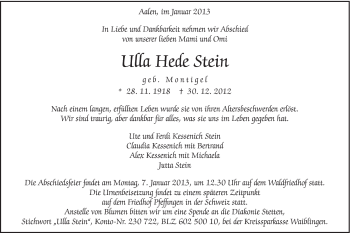 Traueranzeige von Ulla Hede Stein von Schwäbische Post