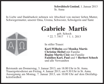 Traueranzeige von Gabriele Martis von Gmünder Tagespost
