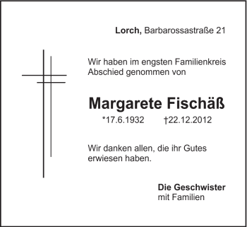 Traueranzeige von Margarete Fischäß von Gmünder Tagespost