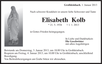 Traueranzeige von Elisabeth Kolb von Gmünder Tagespost