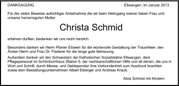 Traueranzeige von Christa Schmid von Schwäbische Post