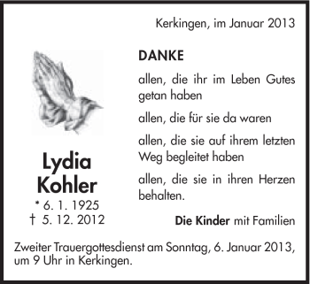 Traueranzeige von Lydia Kohler von Schwäbische Post