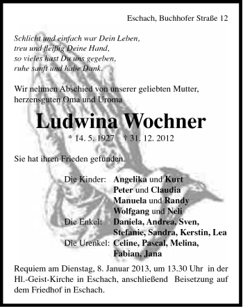 Traueranzeige von Ludwina Wochner von Gmünder Tagespost