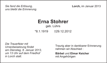 Traueranzeige von Erna Stohrer von Gmünder Tagespost