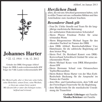 Traueranzeige von Johannes Harter von Gmünder Tagespost