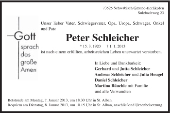 Traueranzeige von Peter Schleicher von Gmünder Tagespost