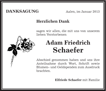 Traueranzeige von Adam Friedrich Schaefer von Schwäbische Post
