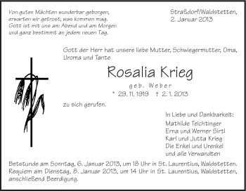 Traueranzeige von Rosalia Krieg von Gmünder Tagespost