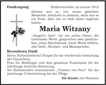 Traueranzeige von Maria Witzany von Schwäbische Post