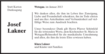 Traueranzeige von Josef Lakner von Gmünder Tagespost