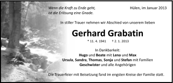 Traueranzeige von Gerhard Grabatin von Schwäbische Post
