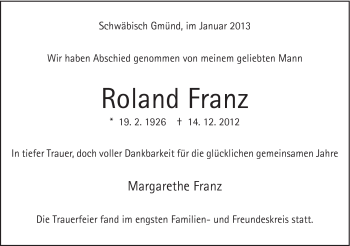 Traueranzeige von Roland Franz von Gmünder Tagespost