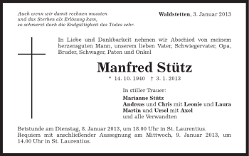 Traueranzeige von Manfred Stütz von Gmünder Tagespost