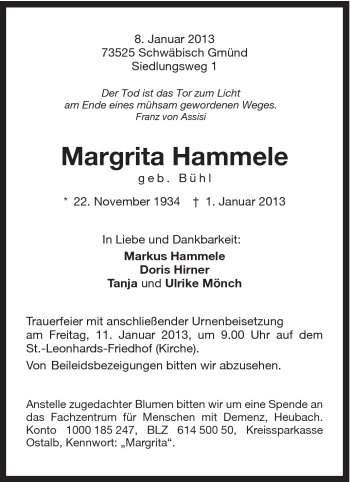 Traueranzeige von Margrita Hammele von Gmünder Tagespost