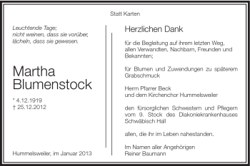 Traueranzeige von Martha Blumenstock von Schwäbische Post