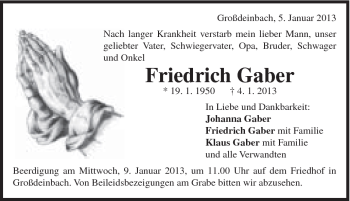 Traueranzeige von Friedrich Gaber von Gmünder Tagespost