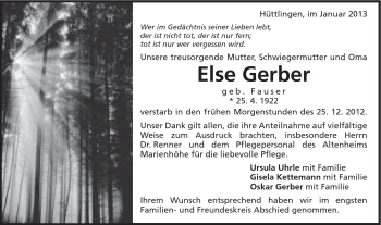 Traueranzeige von Else Gerber von Schwäbische Post