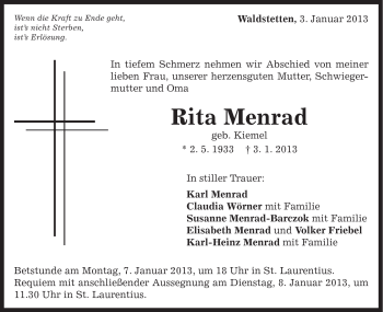 Traueranzeige von Rita Menrad von Gmünder Tagespost