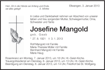 Traueranzeige von Josefine Mangold von Schwäbische Post