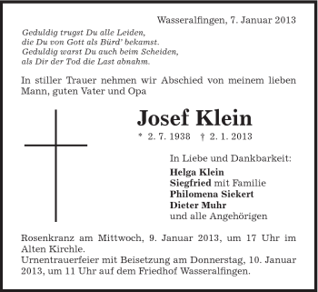 Traueranzeige von Josef Klein von Schwäbische Post