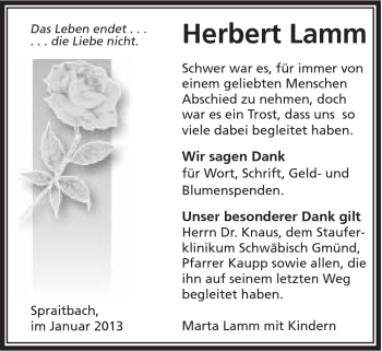 Traueranzeige von Herbert Lamm von Gmünder Tagespost