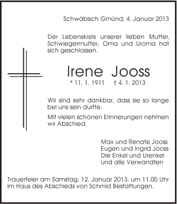 Traueranzeige von Irene Jooss von Gmünder Tagespost