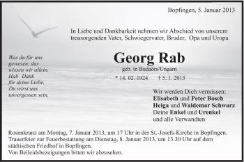 Traueranzeige von Georg Rab von Schwäbische Post
