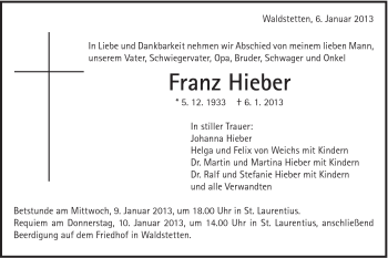 Traueranzeige von Franz Hieber von Gmünder Tagespost