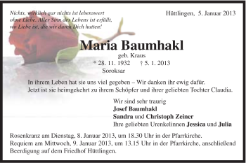 Traueranzeige von Maria Baumhakl von Schwäbische Post