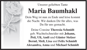 Traueranzeige von Baumhakl Maria von Schwäbische Post