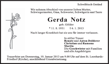 Traueranzeige von Gerda Notz von Gmünder Tagespost