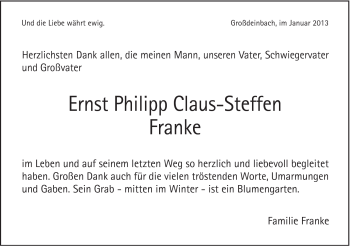 Traueranzeige von Ernst Philipp Claus-Steffen Franke von Gmünder Tagespost