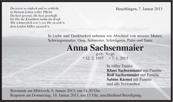 Traueranzeige von Anna Sachsenmaier von Gmünder Tagespost