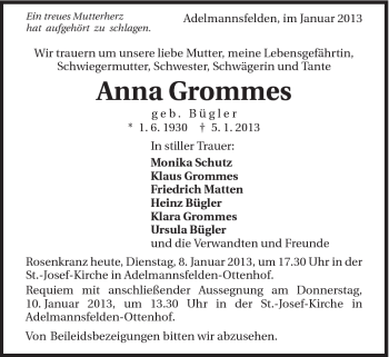 Traueranzeige von Anna Grommes von Schwäbische Post