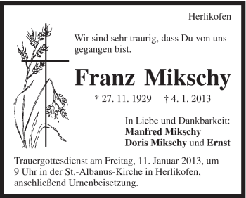 Traueranzeige von Franz Mikschy von Gmünder Tagespost