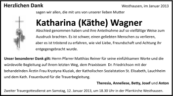 Traueranzeige von Katharina Wagner von Schwäbische Post